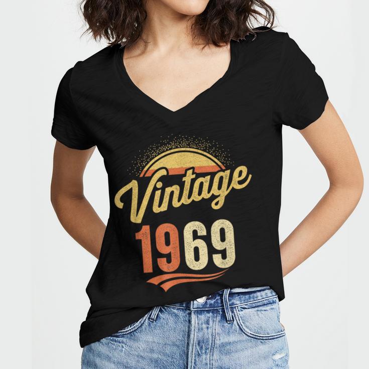 Vintage 1969 Retro Era Badge For Nostalgia Fans Women's Jersey Short Sleeve Deep V-Neck Tshirt Vintage 1969 Retro Era Badge For Nostalgia Fans Women's Jersey Short Sleeve Deep V-Neck Tshirt