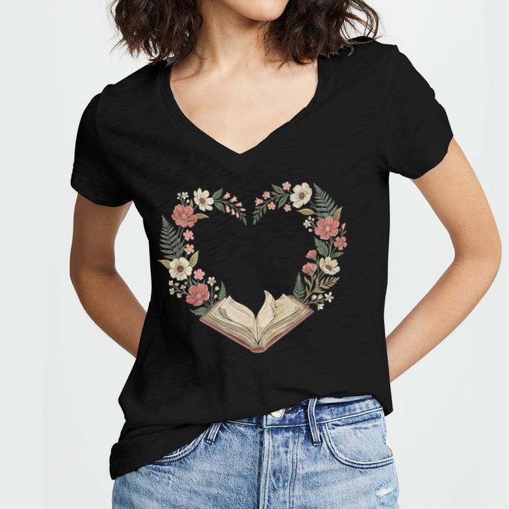 Vintage Book Lover Valentine Heart Women's Jersey Short Sleeve Deep V-Neck Tshirt