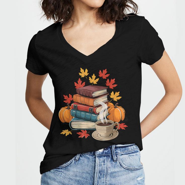 Vintage Books Tea Lovers Fall Autumn Leaves And Pumpkins Women's Jersey Short Sleeve Deep V-Neck Tshirt Vintage Books Tea Lovers Fall Autumn Leaves And Pumpkins Women's Jersey Short Sleeve Deep V-Neck Tshirt