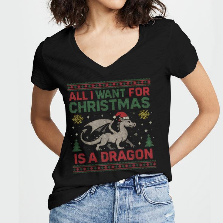 All I Want For Christmas Is A Dragon & Books Ugly Sweater Women's Jersey Short Sleeve Deep V-Neck Tshirt