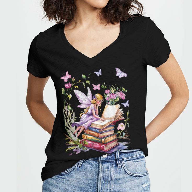 Watercolor Butterfly Fairy Read Book Library Fantasy Novel Women's Jersey Short Sleeve Deep V-Neck Tshirt