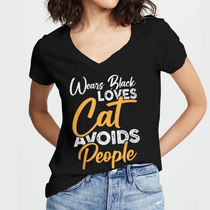 Wears Loves Cats Avoids People I Introvert Women's Jersey Short Sleeve Deep V-Neck Tshirt Wears Loves Cats Avoids People I Introvert Women's Jersey Short Sleeve Deep V-Neck Tshirt