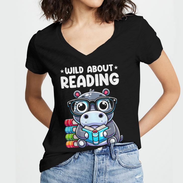 Wild About Reading Book Lover Hippo Women's Jersey Short Sleeve Deep V-Neck Tshirt Wild About Reading Book Lover Hippo Women's Jersey Short Sleeve Deep V-Neck Tshirt