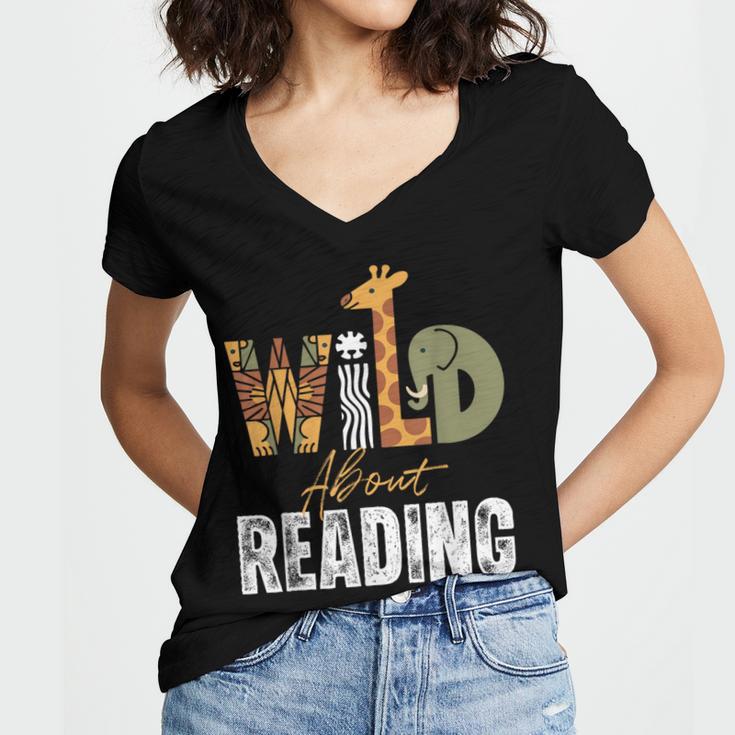Wild About Reading Books Animal Theme Bookworm Library Day Women's Jersey Short Sleeve Deep V-Neck Tshirt