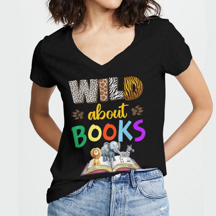 Wild About Reading Books Reader Bookworm Animals Book Lover Women's Jersey Short Sleeve Deep V-Neck Tshirt Wild About Reading Books Reader Bookworm Animals Book Lover Women's Jersey Short Sleeve Deep V-Neck Tshirt