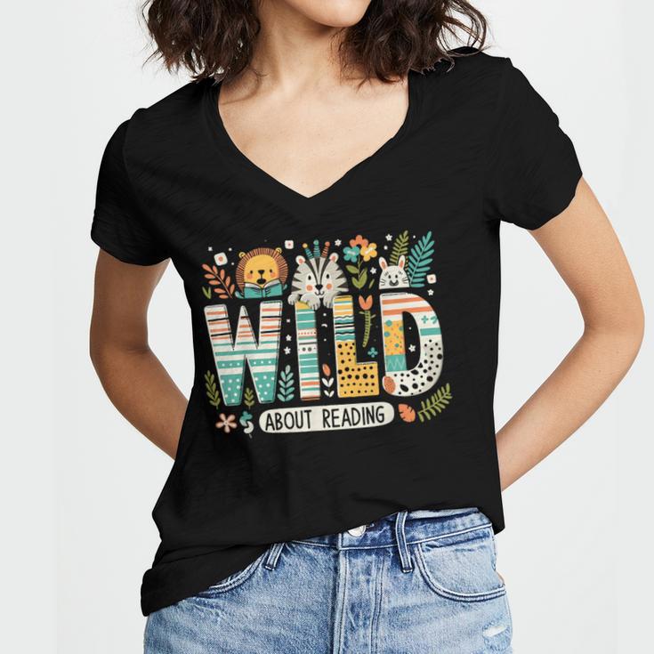 Wild About Reading Bookworm Book Reader Zoo Animals Women's Jersey Short Sleeve Deep V-Neck Tshirt Wild About Reading Bookworm Book Reader Zoo Animals Women's Jersey Short Sleeve Deep V-Neck Tshirt