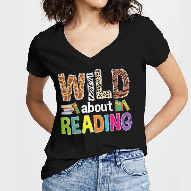 Wild About Reading Library Day Reading Books & Bookworm Women's Jersey Short Sleeve Deep V-Neck Tshirt Wild About Reading Library Day Reading Books & Bookworm Women's Jersey Short Sleeve Deep V-Neck Tshirt