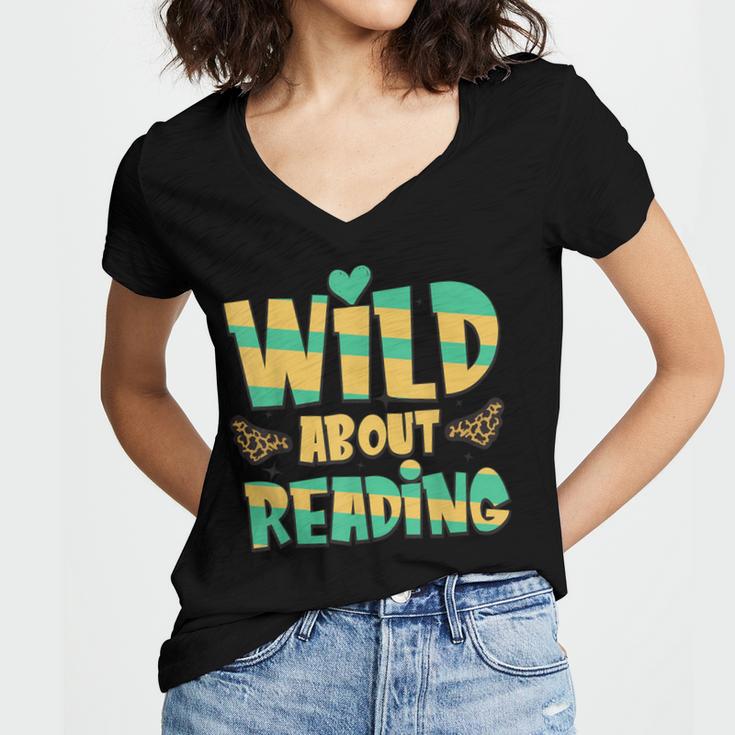 WILD ABOUT READING I Love Books Bookworm Library Day Women's Jersey Short Sleeve Deep V-Neck Tshirt