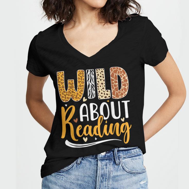 Wild About Reading Lover Bookworm Library Teacher Zoo Animal Women's Jersey Short Sleeve Deep V-Neck Tshirt Wild About Reading Lover Bookworm Library Teacher Zoo Animal Women's Jersey Short Sleeve Deep V-Neck Tshirt