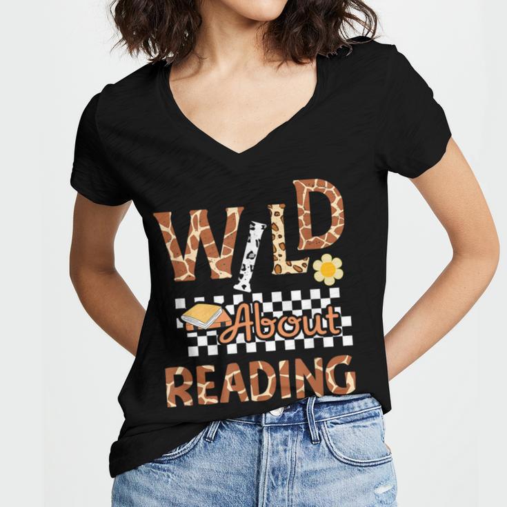 Wild About Reading Teacher Reading Books Back To School Women's Jersey Short Sleeve Deep V-Neck Tshirt