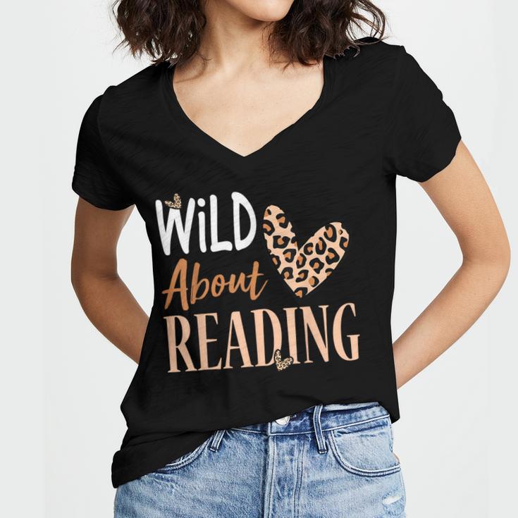 Wild About Reading Teacher Books Reader Lovers Leopard Zebra Women's Jersey Short Sleeve Deep V-Neck Tshirt