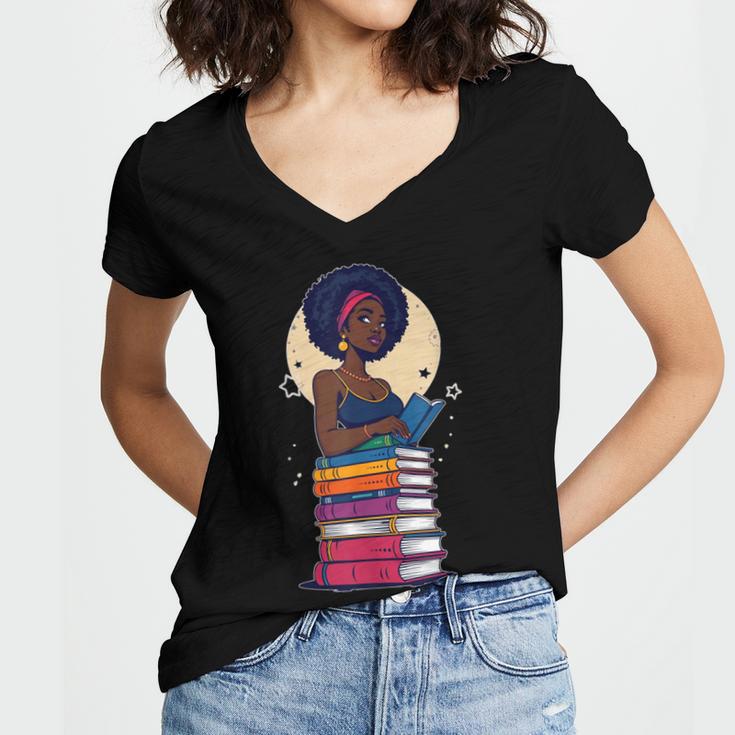 Woman And Books Stack Afro Girl Reading Lover Women's Jersey Short Sleeve Deep V-Neck Tshirt