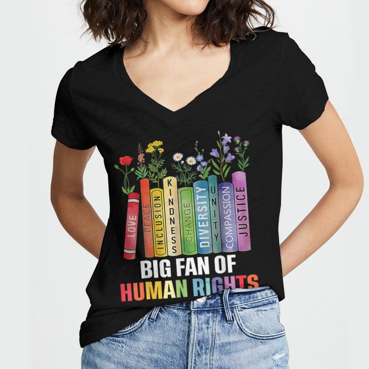 Women Floral Book Big Fan Of Human Rights Liberal Protest Women's Jersey Short Sleeve Deep V-Neck Tshirt