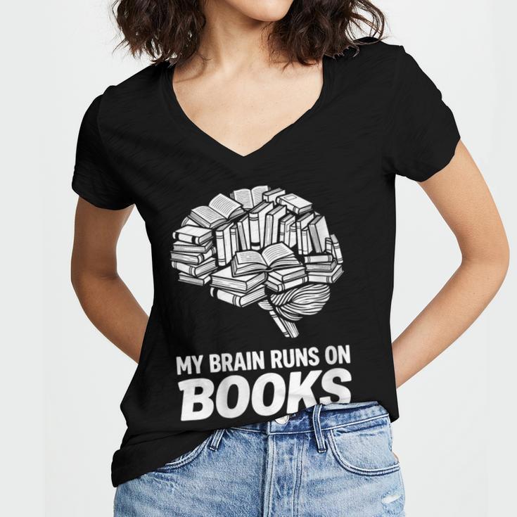 Women's My Brain Runs On Books Reading Bookworm Men Women Women's Jersey Short Sleeve Deep V-Neck Tshirt
