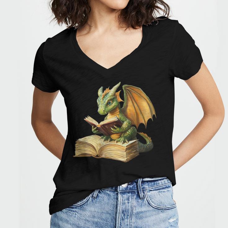 Women's Dragon Bookworm Reading Book Graphic Women's Jersey Short Sleeve Deep V-Neck Tshirt