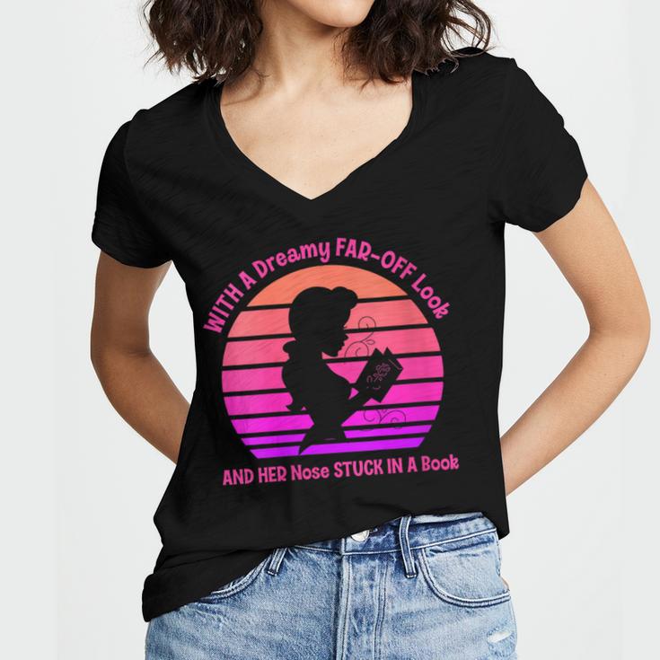 Women's With A Dreamy Far-Off Look And Her Nose Stuck In A Book Women's Jersey Short Sleeve Deep V-Neck Tshirt