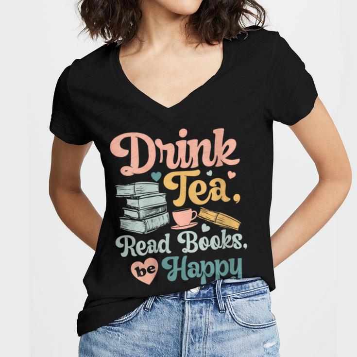 Women's Drink Tea Read Books Nerd Book Reader Book Reading Lover Women's Jersey Short Sleeve Deep V-Neck Tshirt
