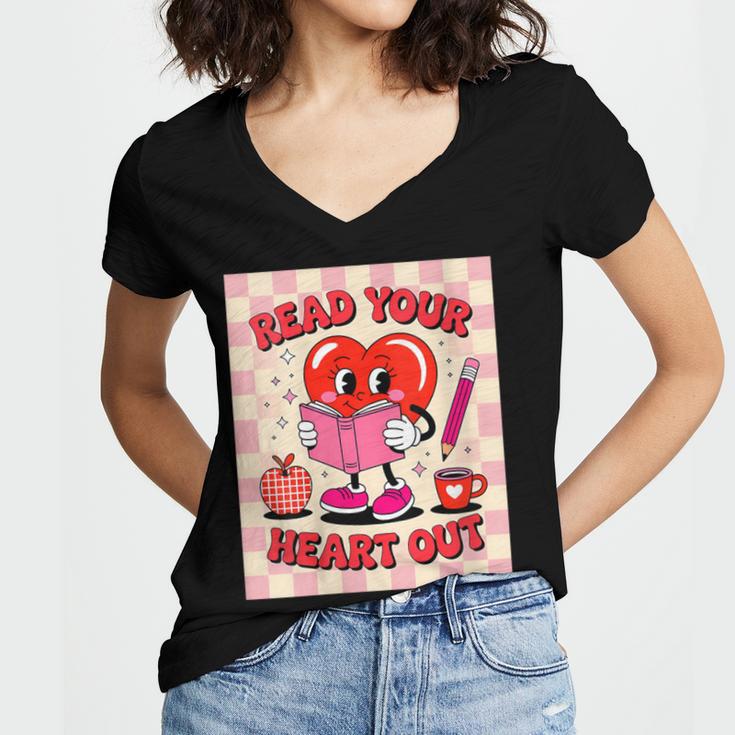 Women's Read Your Heart Out Groovy Bookish Valentine Day Women Girls Women's Jersey Short Sleeve Deep V-Neck Tshirt