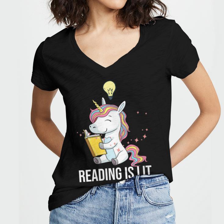 Women's Reading Is Lit Unicorn Library English Teacher Book Lover Women's Jersey Short Sleeve Deep V-Neck Tshirt