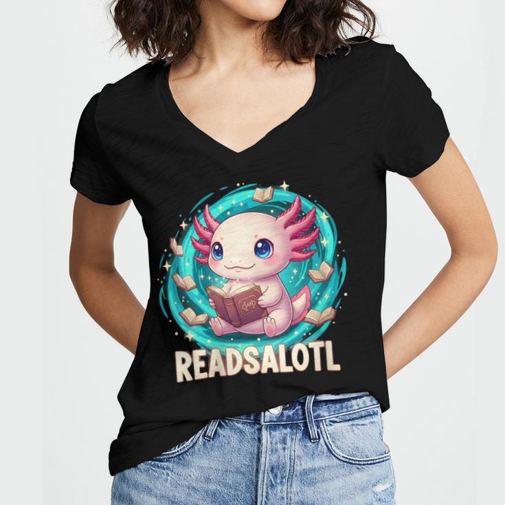 Women's Readsolotl Kawaii Axolotl Reading Book Lover Women's Jersey Short Sleeve Deep V-Neck Tshirt