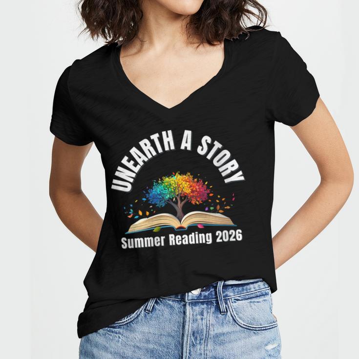 Women's Unearth a Story 2026 Summer Reading Program Tree Book Women's Jersey Short Sleeve Deep V-Neck Tshirt