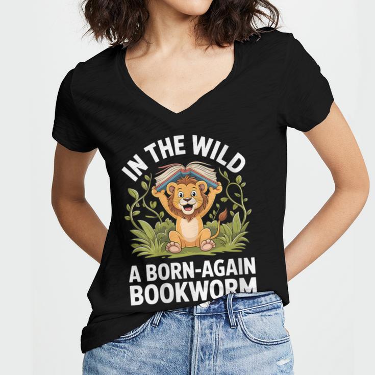 Women's Wild About Reading Book Reader Lion Zoo Animals Kids Women's Jersey Short Sleeve Deep V-Neck Tshirt