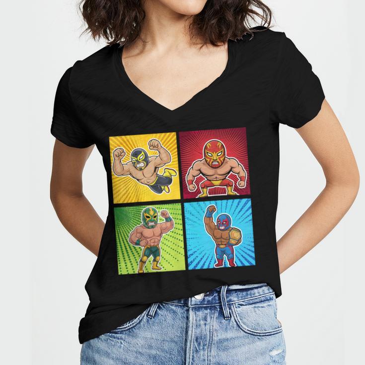 Wrestling Comic Book Wrestler Mexican Lucha Libre Mask Women's Jersey Short Sleeve Deep V-Neck Tshirt Wrestling Comic Book Wrestler Mexican Lucha Libre Mask Women's Jersey Short Sleeve Deep V-Neck Tshirt