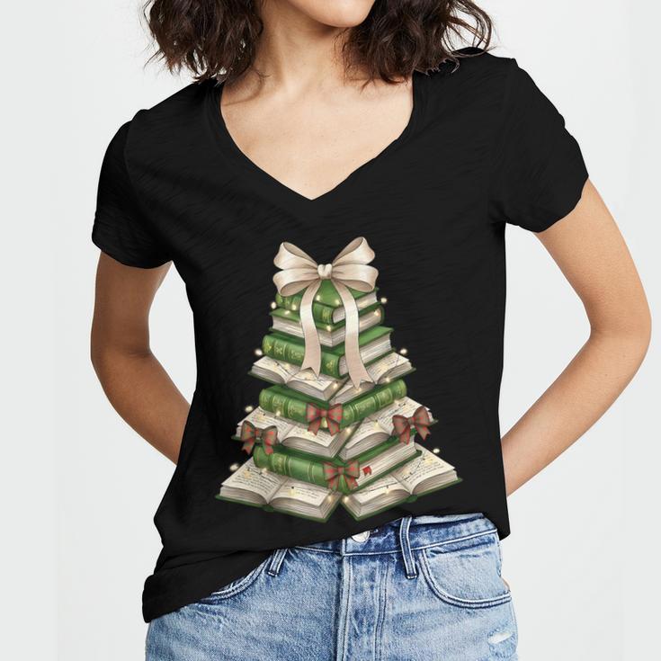 Xmas Tree Books Merry Christmas Coquette Bow Teacher Holiday Women's Jersey Short Sleeve Deep V-Neck Tshirt