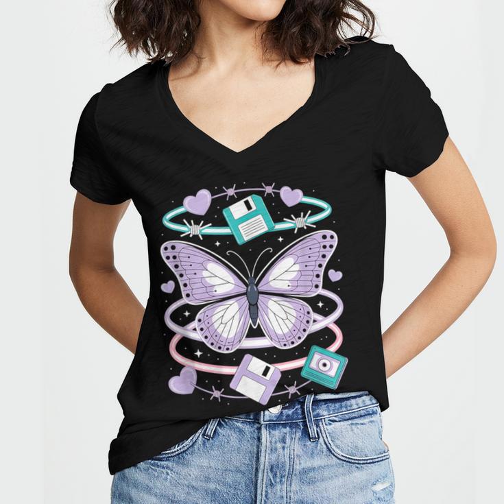 Y2K Butterfly Floppy Disk Art Digital Nostalgia Women's Jersey Short Sleeve Deep V-Neck Tshirt Y2K Butterfly Floppy Disk Art Digital Nostalgia Women's Jersey Short Sleeve Deep V-Neck Tshirt
