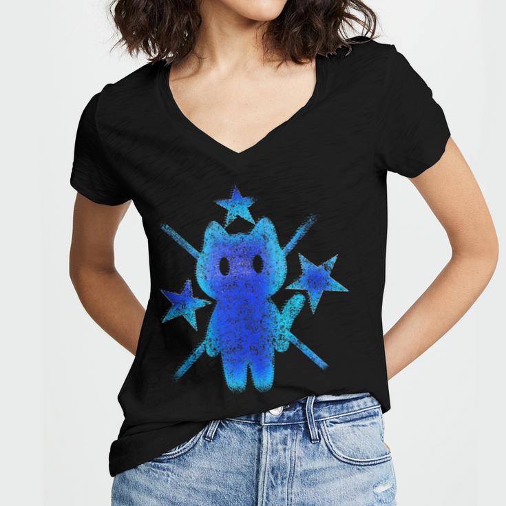 Yk2 Grunge Earthy Blue Cat With Stars Tomboy 90s Nostalgia Women's Jersey Short Sleeve Deep V-Neck Tshirt Yk2 Grunge Earthy Blue Cat With Stars Tomboy 90s Nostalgia Women's Jersey Short Sleeve Deep V-Neck Tshirt