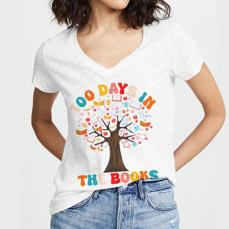 100 Days In The Books Reading Teacher 100th Day Of School Premium Women's Jersey Short Sleeve Deep V-Neck Tshirt 100 Days In The Books Reading Teacher 100th Day Of School Premium Women's Jersey Short Sleeve Deep V-Neck Tshirt