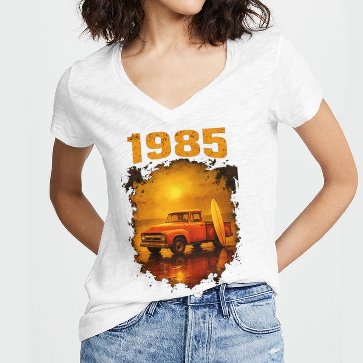1985 Vintage Sunset Surf Truck Retro Beach Nostalgia Women's Jersey Short Sleeve Deep V-Neck Tshirt 1985 Vintage Sunset Surf Truck Retro Beach Nostalgia Women's Jersey Short Sleeve Deep V-Neck Tshirt