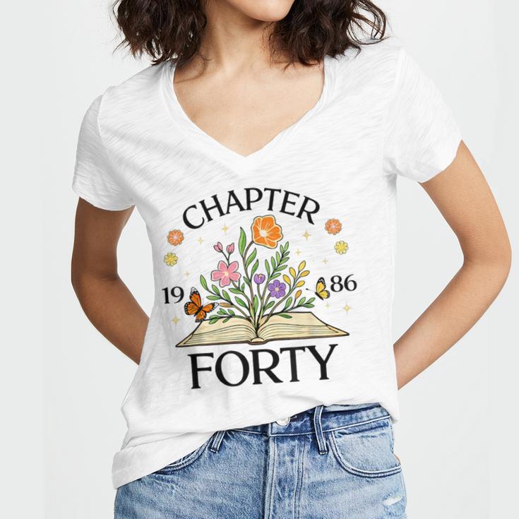 1986 Chapter Forty 40th Birthday Wildflower Book Women's Jersey Short Sleeve Deep V-Neck Tshirt 1986 Chapter Forty 40th Birthday Wildflower Book Women's Jersey Short Sleeve Deep V-Neck Tshirt