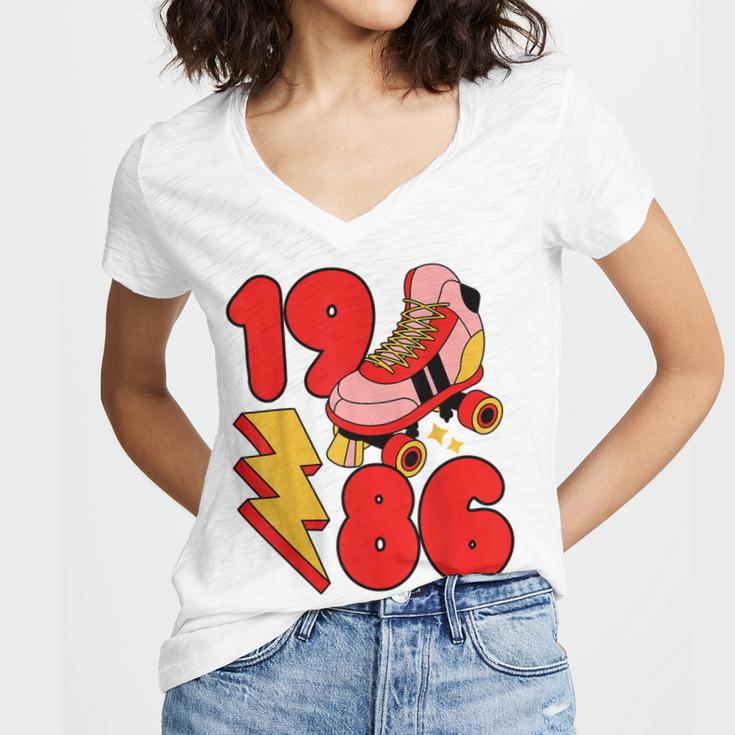 1986 Retro Roller Skate Vintage 80s Nostalgia Collector Women's Jersey Short Sleeve Deep V-Neck Tshirt