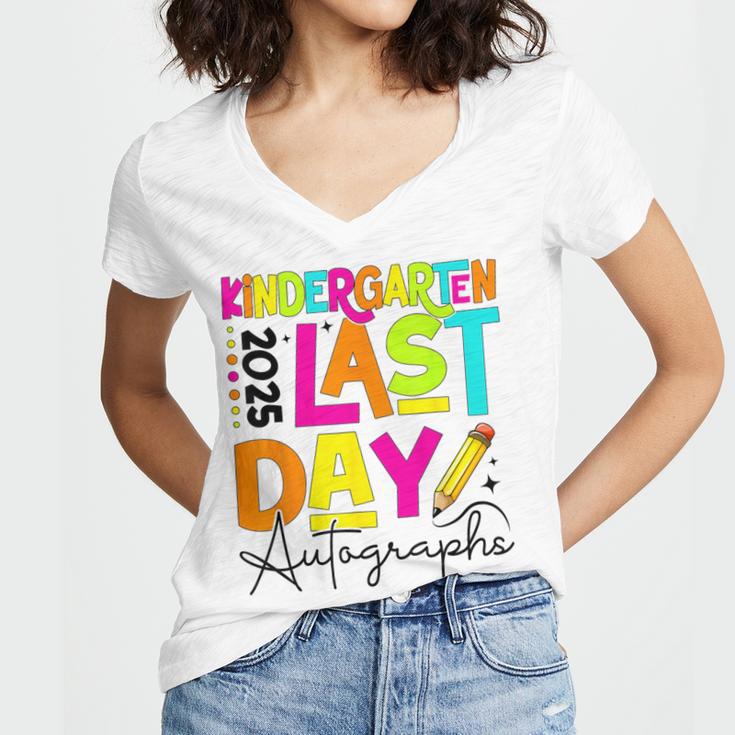 2025 Last Day Of School Autograph Kindergarten Graduation Women's Jersey Short Sleeve Deep V-Neck Tshirt