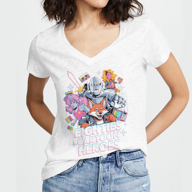 80's Cartoon Heroes Apparel For Retro Nostalgia Fans Women's Jersey Short Sleeve Deep V-Neck Tshirt 80's Cartoon Heroes Apparel For Retro Nostalgia Fans Women's Jersey Short Sleeve Deep V-Neck Tshirt