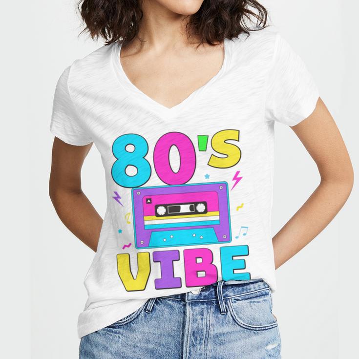 80's Vibe Retro Style Cassette Tape Nostalgia 1980s Party Women's Jersey Short Sleeve Deep V-Neck Tshirt 80's Vibe Retro Style Cassette Tape Nostalgia 1980s Party Women's Jersey Short Sleeve Deep V-Neck Tshirt