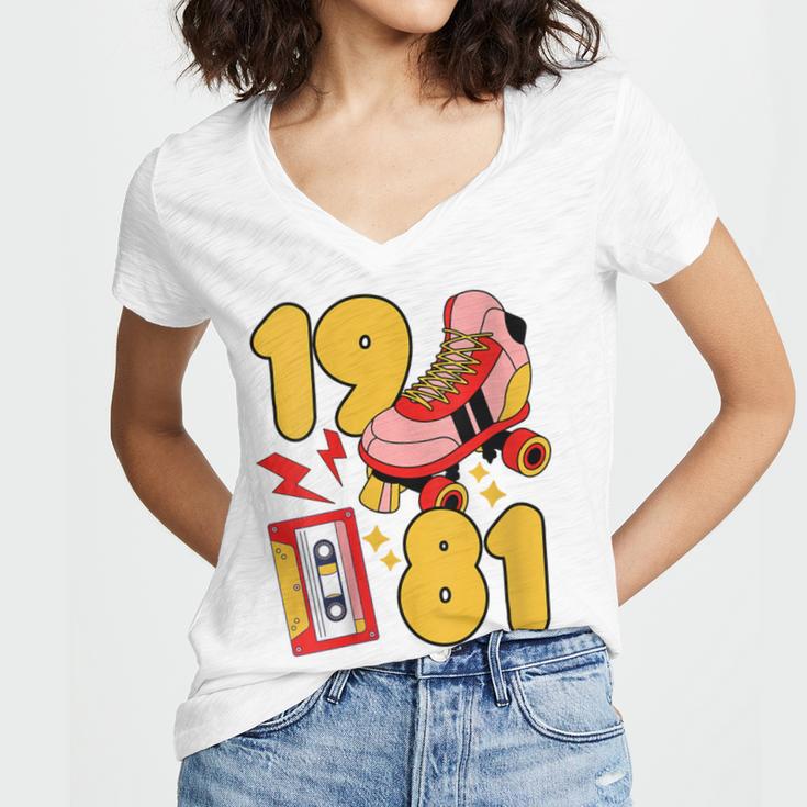 80s Vibes Mixed Tapes & Roller Skates 1981 Nostalgia Retro Women's Jersey Short Sleeve Deep V-Neck Tshirt 80s Vibes Mixed Tapes & Roller Skates 1981 Nostalgia Retro Women's Jersey Short Sleeve Deep V-Neck Tshirt