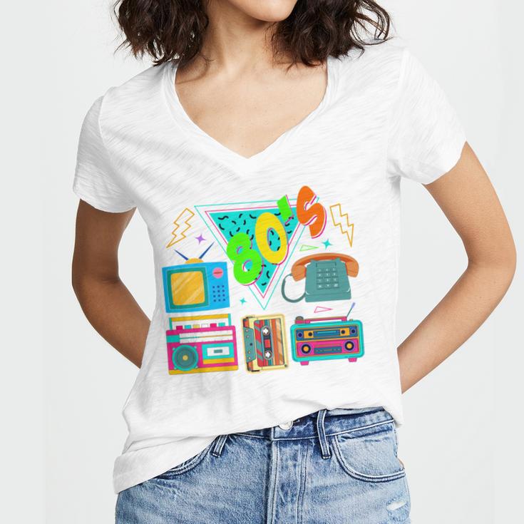 80's Vintage Cassette Tape Nostalgia Mixtape Era 1980s Retro Women's Jersey Short Sleeve Deep V-Neck Tshirt