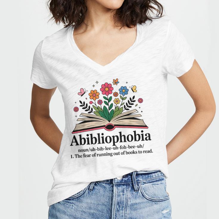 Abibliophobia Noun The Fear Of Running Out Of Books To Read Women's Jersey Short Sleeve Deep V-Neck Tshirt Abibliophobia Noun The Fear Of Running Out Of Books To Read Women's Jersey Short Sleeve Deep V-Neck Tshirt
