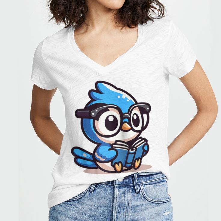 Adorable Book Lover Blue Jay With Reading Glasses Cute Raglan Baseball Tee Women's Jersey Short Sleeve Deep V-Neck Tshirt