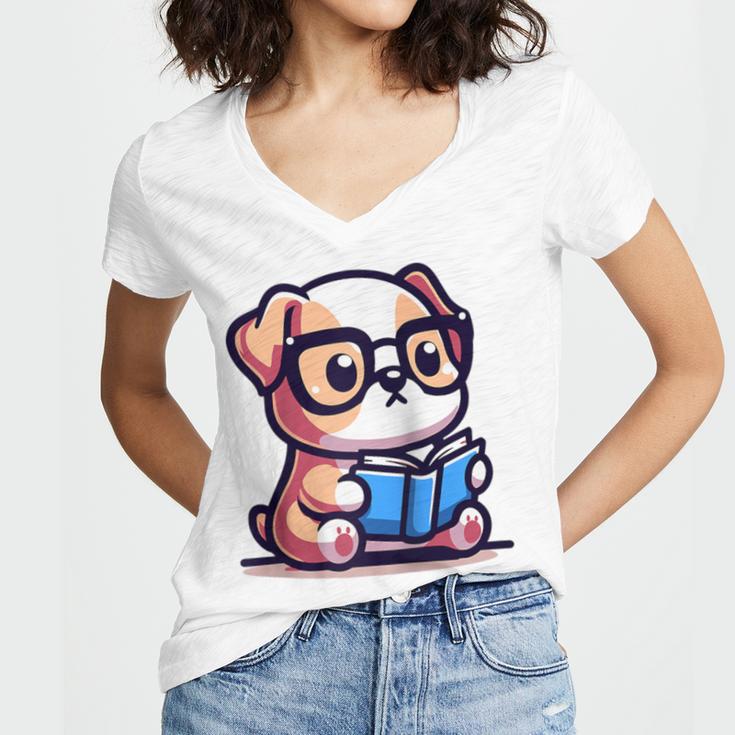 Adorable Book Lover Bulldog With Reading Glasses Cute Raglan Baseball Tee Women's Jersey Short Sleeve Deep V-Neck Tshirt