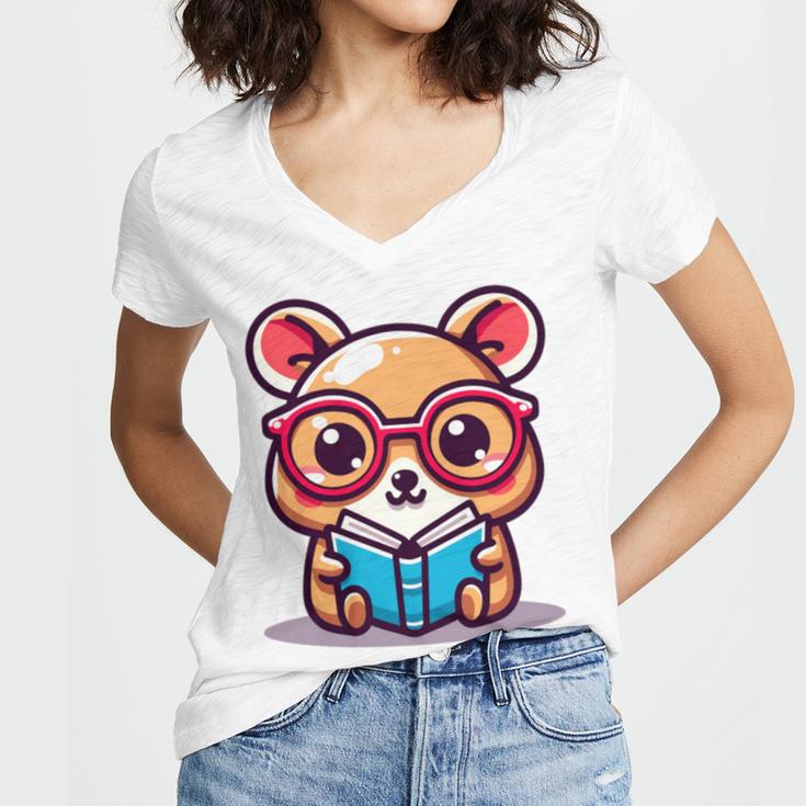 Adorable Book Lover Quokka With Reading Glasses Cute Women's Jersey Short Sleeve Deep V-Neck Tshirt Adorable Book Lover Quokka With Reading Glasses Cute Women's Jersey Short Sleeve Deep V-Neck Tshirt