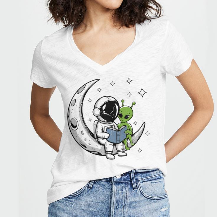 Astronaut Reading Book To Alien Moon Space Astronomy Women's Jersey Short Sleeve Deep V-Neck Tshirt