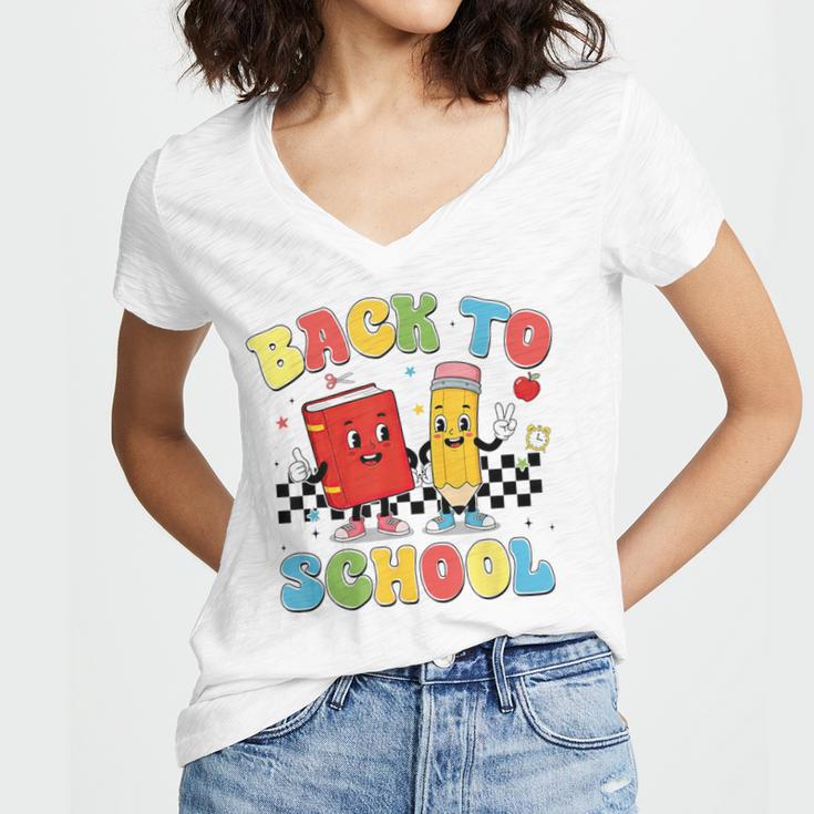 Back To School Checkered Book Pencil Groovy Teacher Student Women's Jersey Short Sleeve Deep V-Neck Tshirt