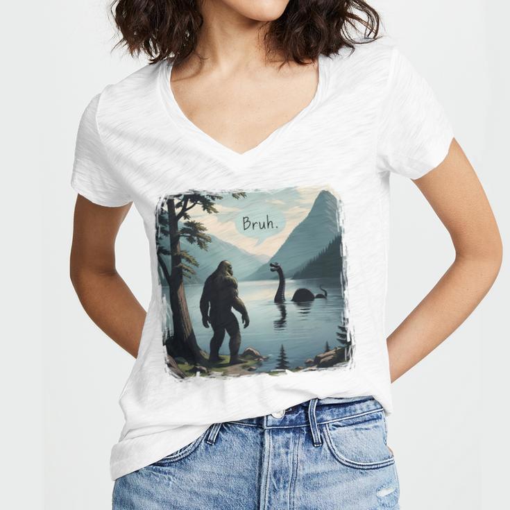 Bigfoot Sasquatch & Loch Ness Monster Introvert Bruh Women's Jersey Short Sleeve Deep V-Neck Tshirt Bigfoot Sasquatch & Loch Ness Monster Introvert Bruh Women's Jersey Short Sleeve Deep V-Neck Tshirt