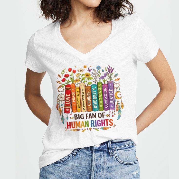 Boho Floral Book Big Fan Of Human Rights Liberal Protest Women's Jersey Short Sleeve Deep V-Neck Tshirt