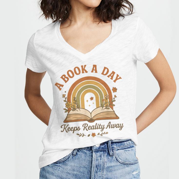 A Book A Day Keeps Reality Away Reading Women's Jersey Short Sleeve Deep V-Neck Tshirt A Book A Day Keeps Reality Away Reading Women's Jersey Short Sleeve Deep V-Neck Tshirt