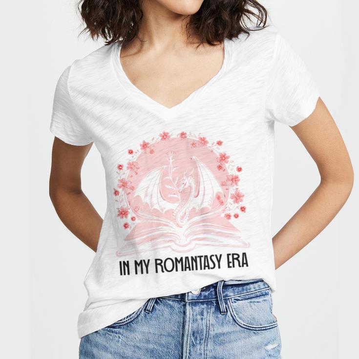 Book Dragon In My Fantasy Era Romantasy Bookish Books Lovers Women's Jersey Short Sleeve Deep V-Neck Tshirt