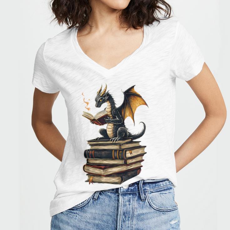 Book Dragon Women's Jersey Short Sleeve Deep V-Neck Tshirt